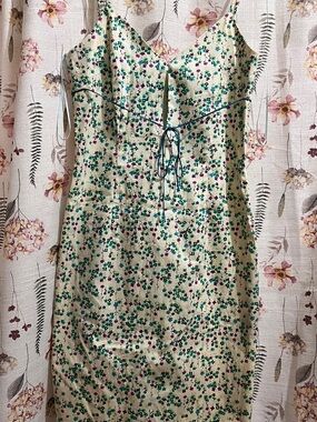 Cream Mini Dress with Green and Purple Floral Print and Blue Tie